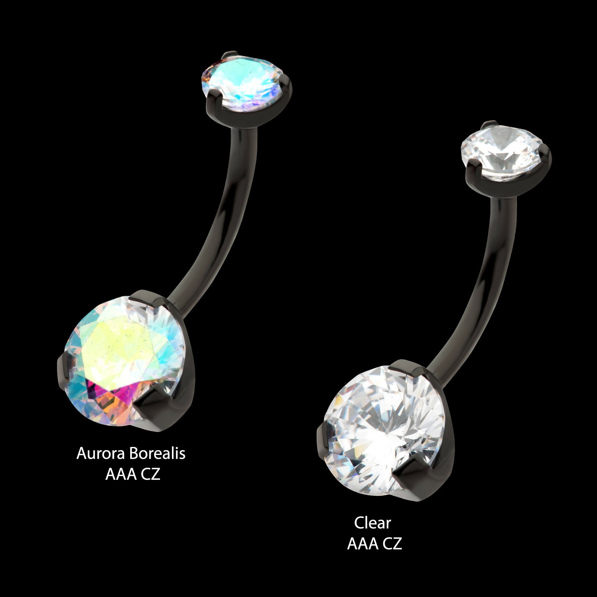 Black PVD Titanium Internally Threaded Prong Set Double CZ Fixed Bottom Navel Ring Earring / Nosering