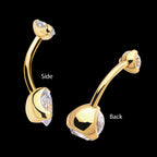 24KT Gold PVD Titanium Internally Threaded Double Prong Set Clear CZ Fixed Bottom Navel Earring / Nosering