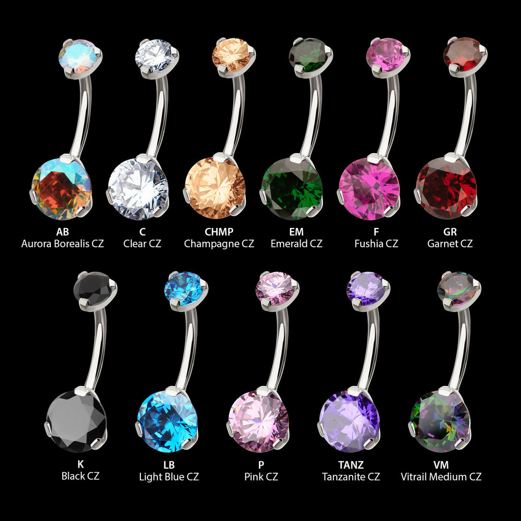 Internally Threaded Double 3-Prong Round Gem Fixed Bottom Navel Earring / Nosering – Titanium
