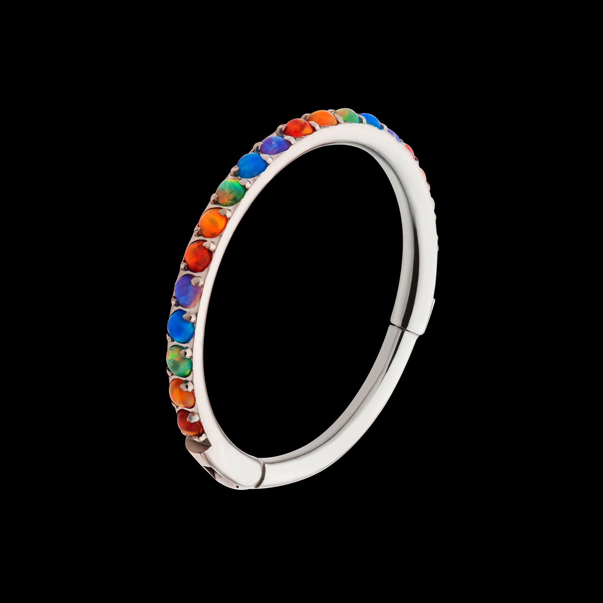 1mm CNC Set Rainbow Opal Eternity Gem Titanium Side Facing Hinged Segment Clicker Hoop Earring / Nosering