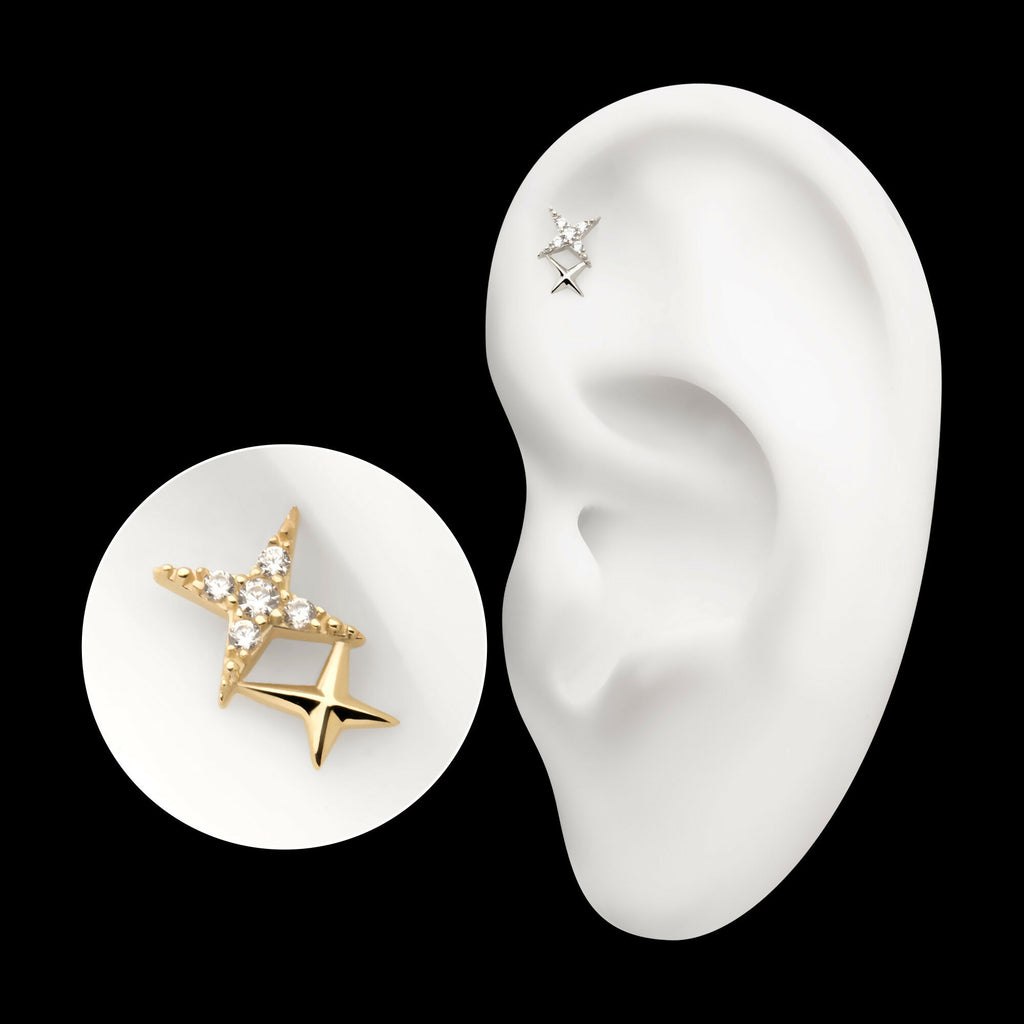 14Kt Gold Threadless Pave Set Round Gem Double Celestial Star Top