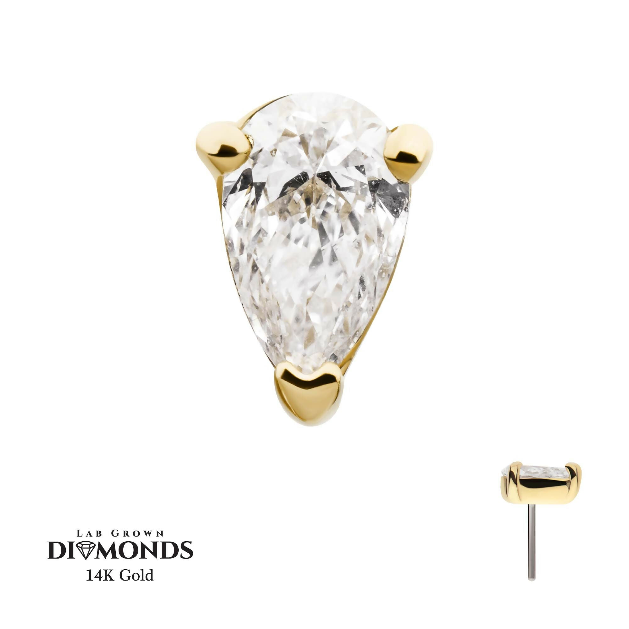 3 Prong Setting Pear Clear Lab-Grown Diamond Flatback Stud Earring / Nosering - Diamond in 14Kt Yellow Gold