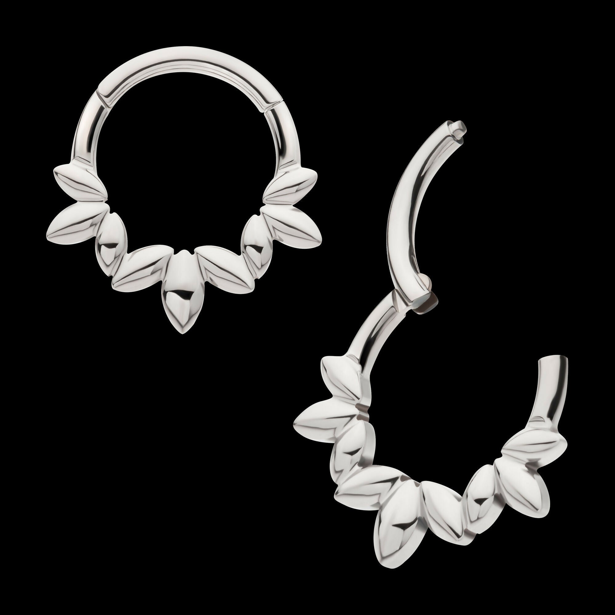 Clustered 3-Petal Flower Front Facing Hinged Segment Clicker Hoop Earring / Nosering – Titanium