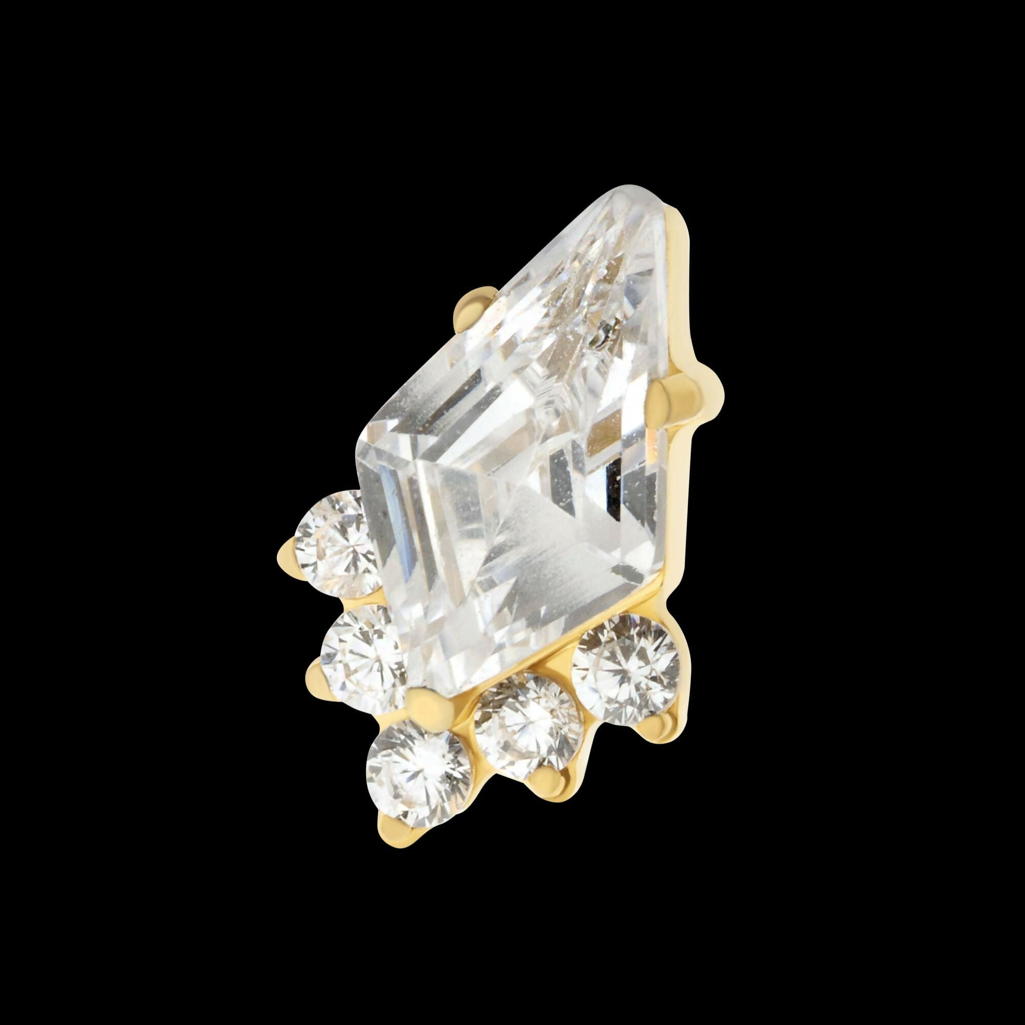 24Kt Gold PVD Titanium Threadless Prong Set Kite Shape CZ Top with 5-Cluster Round CZ