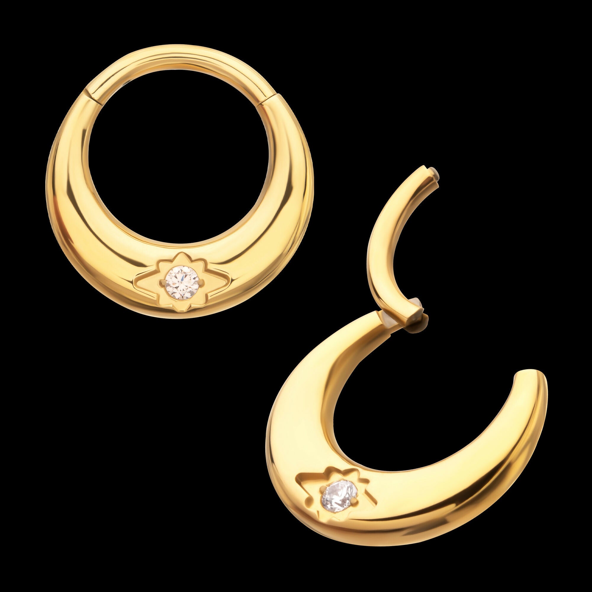 24Kt Gold PVD Titanium Etched Design with Prong Set Gem Sleek Dome Septum Front Facing Hinged Segment Clicker Hoop Earring / Nosering