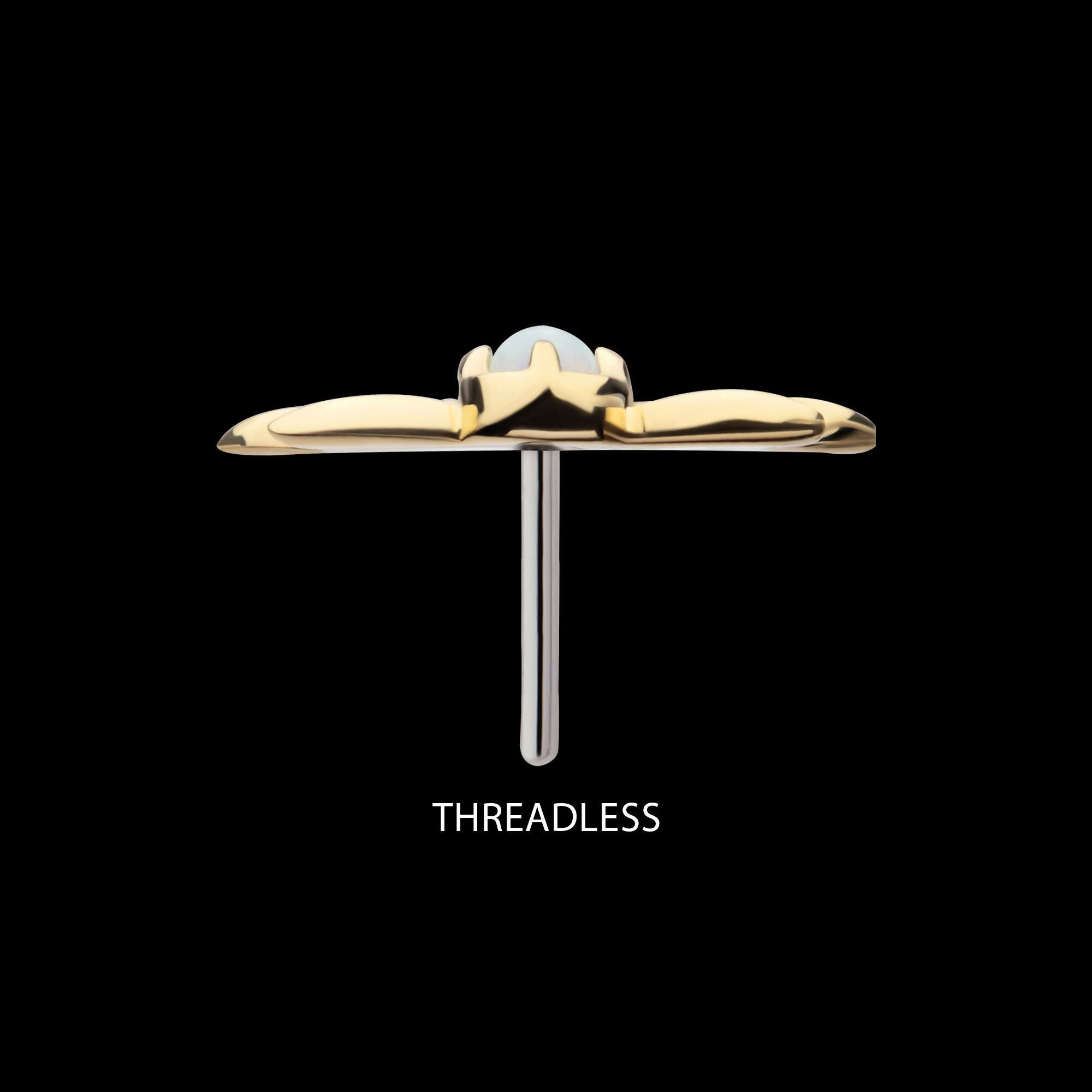 14Kt Yellow Gold Threadless Triple Leaf Edge with Prong Set Round White Opal Top