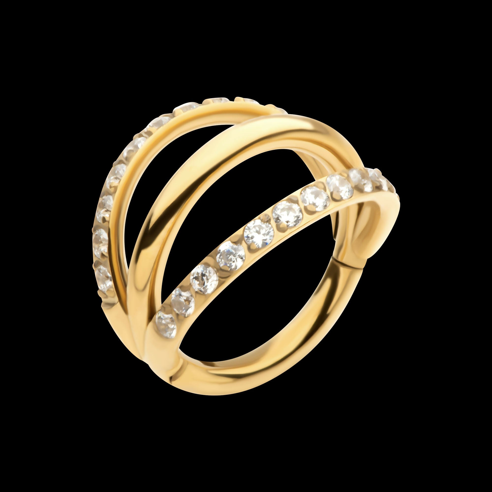 24Kt Gold PVD Titanium Triple Hoop with 1mm CNC Set Round Gem in 2 Alternate Hoops Side Facing Hinged Segment Clicker Earring / Nosering
