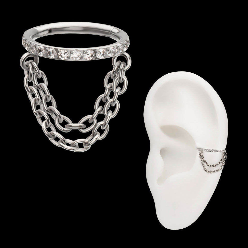 Pave Gem Hoop with 2-Tier Chain Dangle Hinged Segment Clicker Earring / Nosering – Titanium
