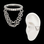 Pave Gem Hoop with 2-Tier Chain Dangle Hinged Segment Clicker Earring / Nosering – Titanium