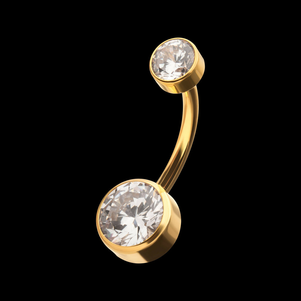 24Kt Gold PVD Titanium Internally Threaded Double Bezel Round with Smooth Rounded Back & Fixed Bottom Navel Earring / Nosering