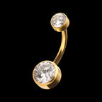 24Kt Gold PVD Titanium Internally Threaded Double Bezel Round with Smooth Rounded Back & Fixed Bottom Navel Earring / Nosering