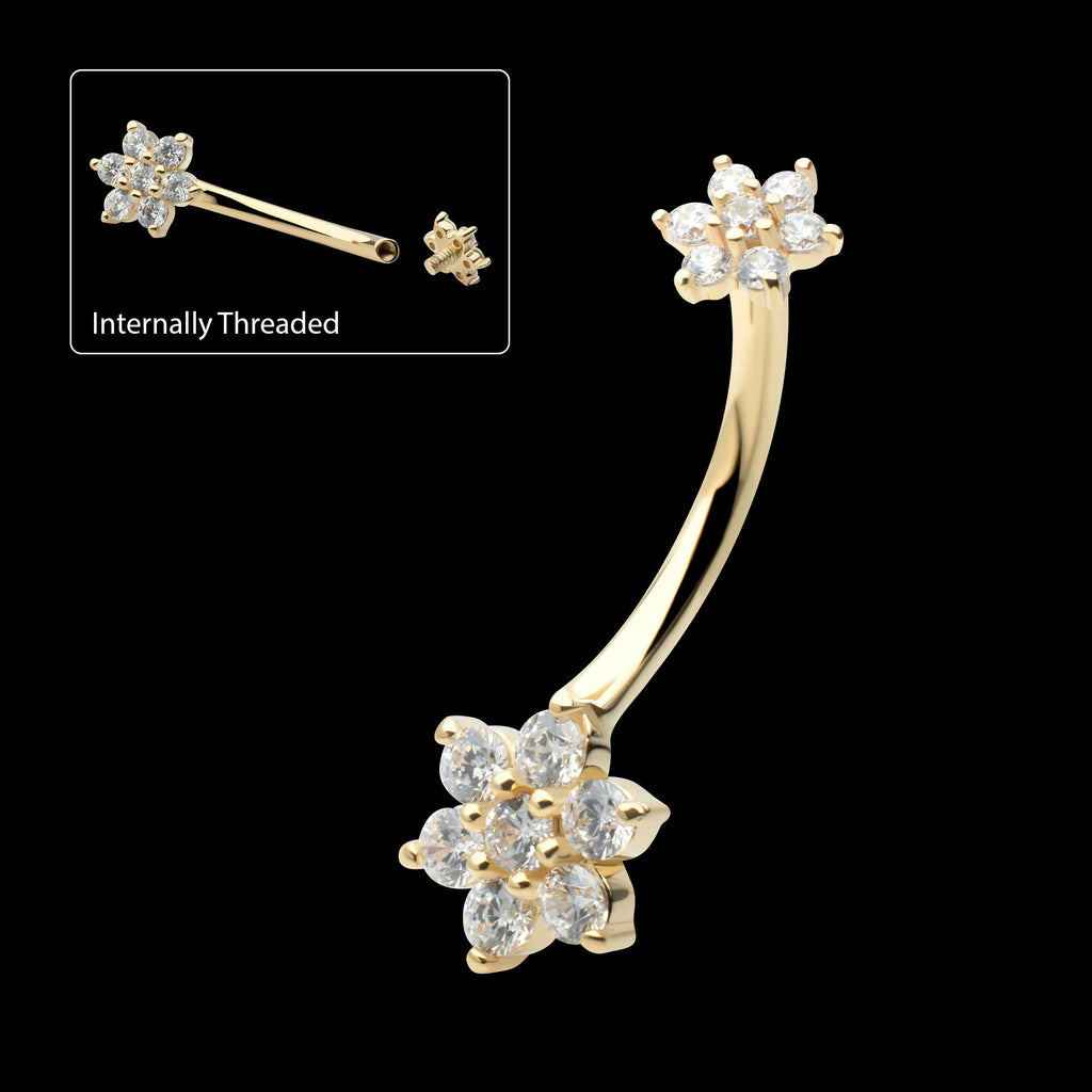 Internally Threaded Pronged Round Clear CZ Double Flower Shape Fixed Bottom Navel Earring / Nosering – 14Kt Yellow Gold