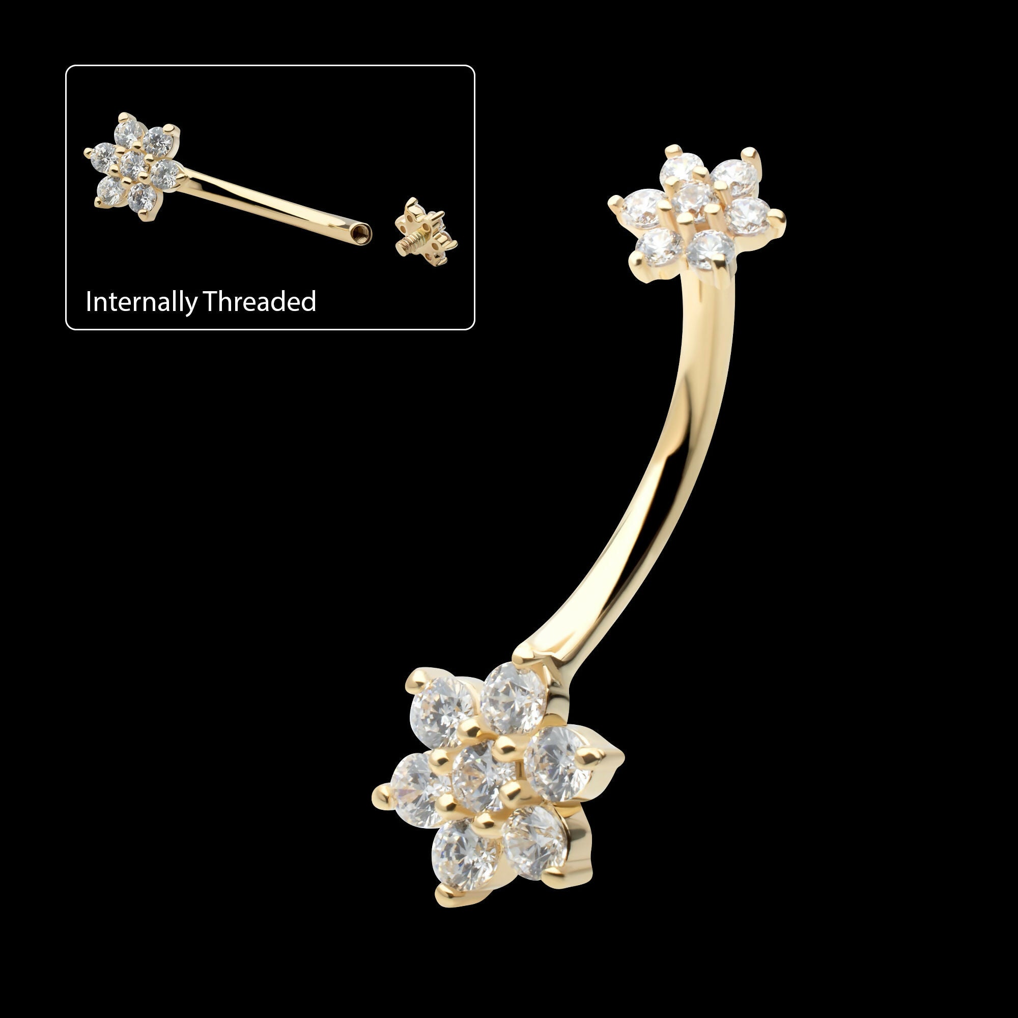 Internally Threaded Pronged Round Clear CZ Double Flower Shape Fixed Bottom Navel Earring / Nosering – 14Kt Yellow Gold
