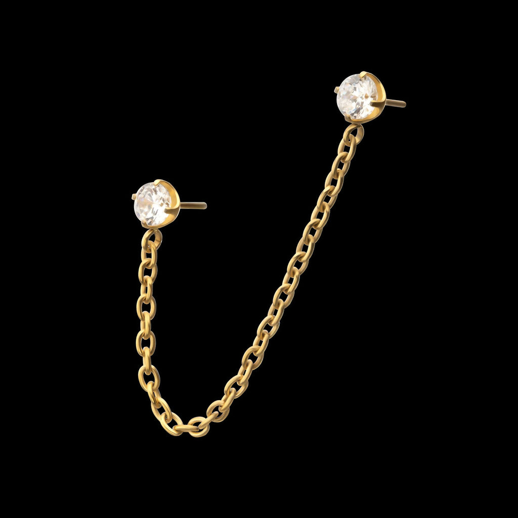 24Kt Gold PVD Titanium Threadless Double Prong Set Gem Top with Rolo Chain Dangle