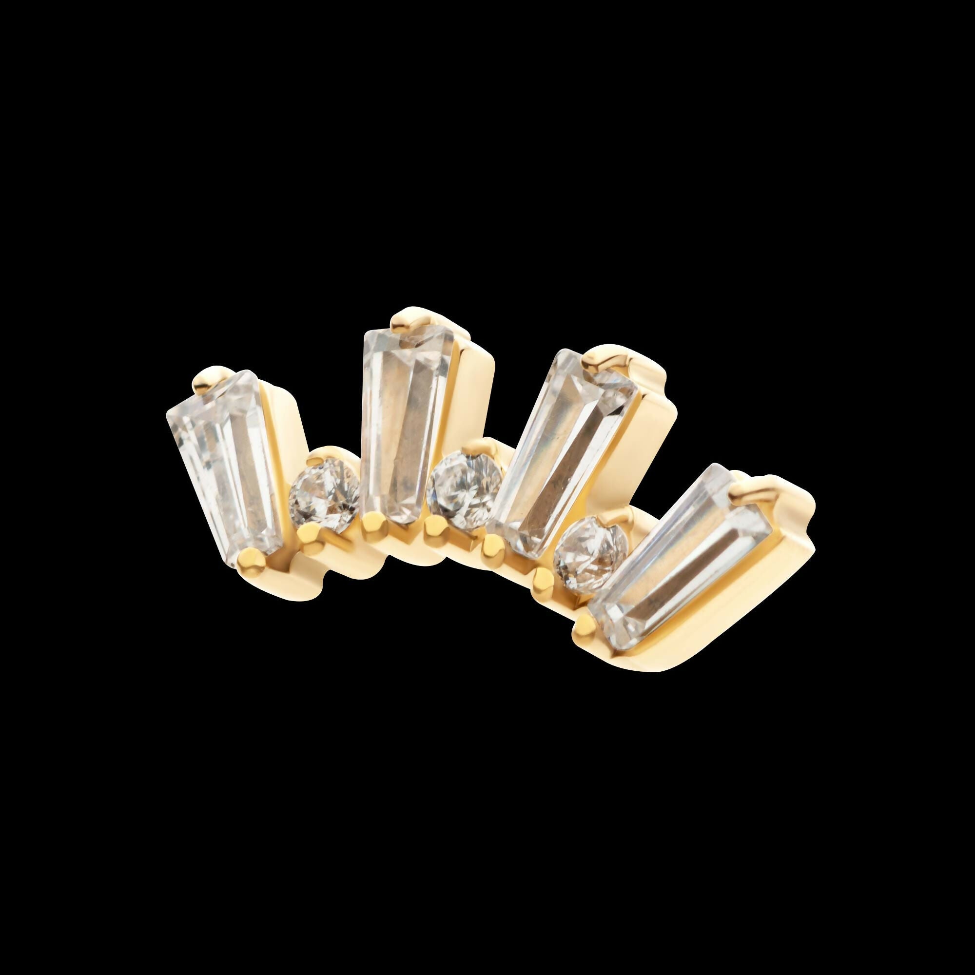 24Kt Gold PVD Titanium Threadless Prong Set Baguette & Round CZ 7-Cluster Top