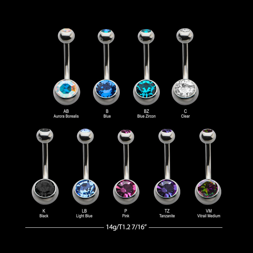 Internally Threaded with Bezel Set Double Swarovski Crystal Navel Curves Earring / Nosering – Titanium