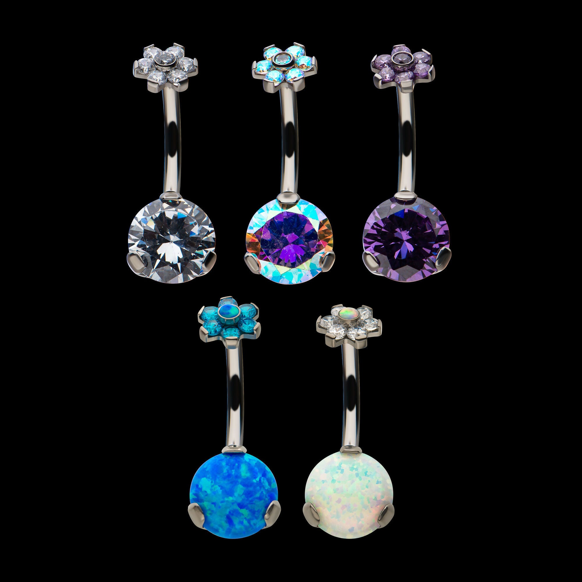 Internally Threaded with Prong Set AAA CZ & Synthetic Opal Flower Top and Round Bottom Fixed Navel Earring / Nosering – Titanium