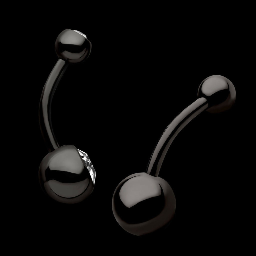 Black PVD Titanium Internally Threaded Bezel Set Double CZ Fixed Bottom Navel Ring Earring / Nosering