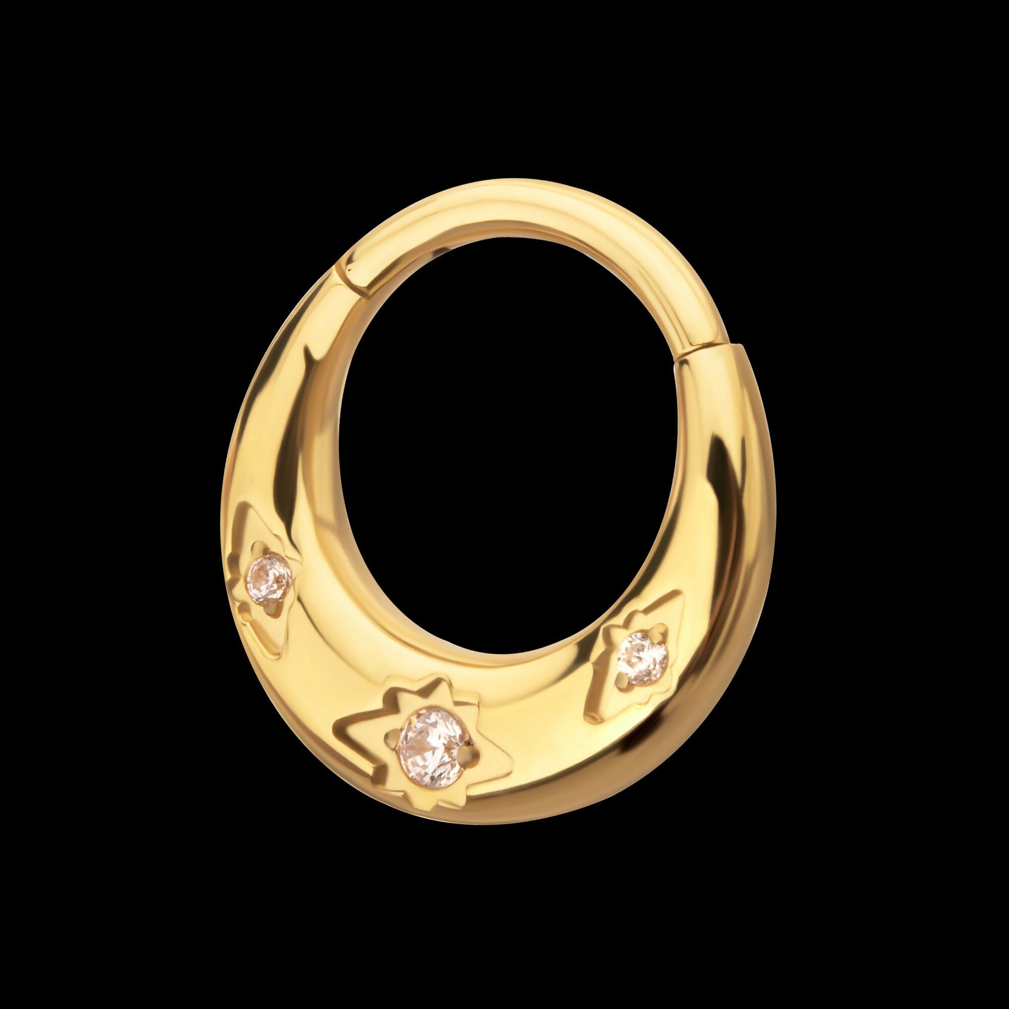 24Kt Gold PVD Titanium Triple Etched Design with Prong Set Gem Sleek Dome Septum Front Facing Hinged Segment Clicker Hoop Earring / Nosering