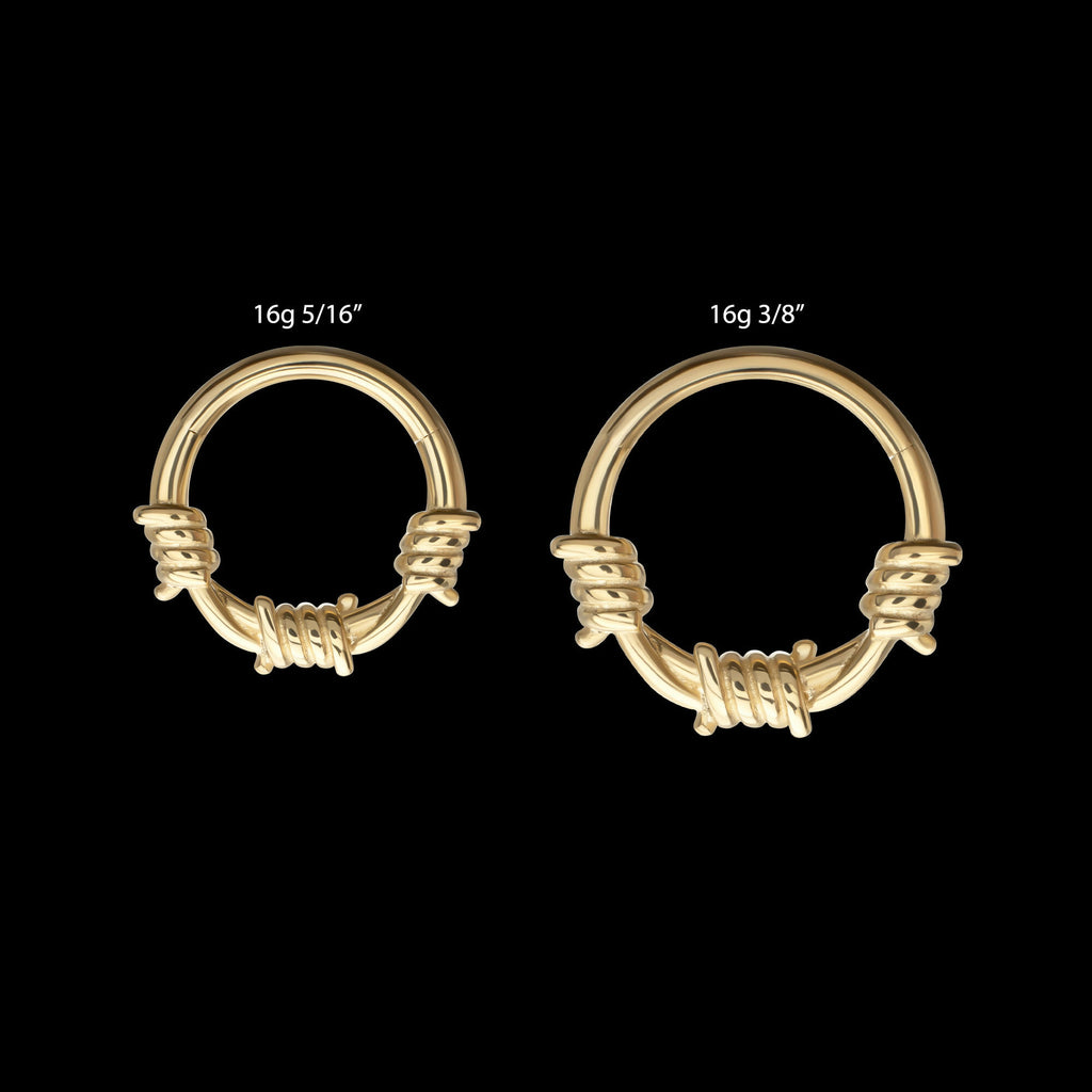 Single Sculpted Barbed Wire Wrap Front Facing Hinged Segment Clicker Hoop Earring / Nosering – 14Kt Yellow Gold