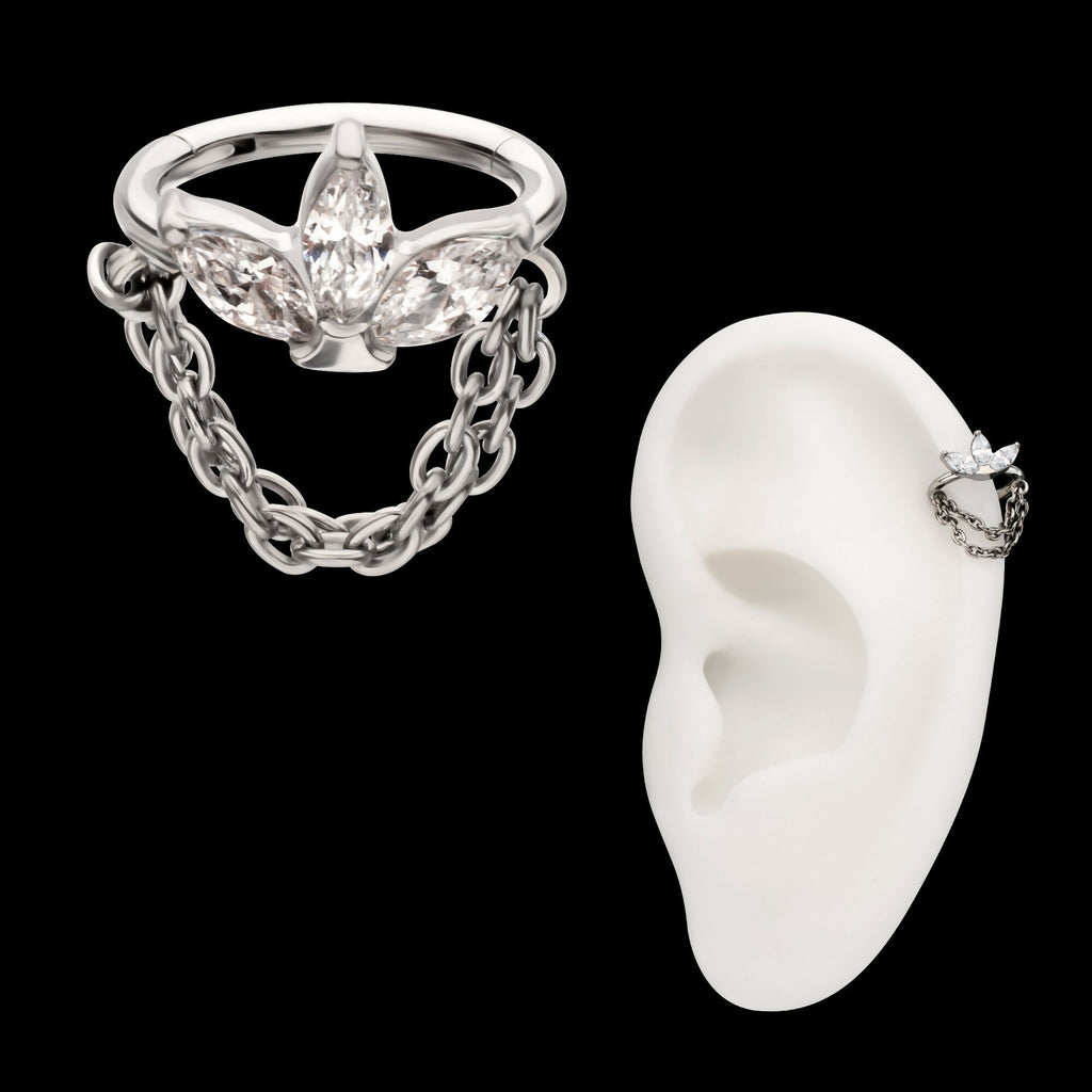 Triple Marquise Gem Cluster Hoop with 2-Tier Chain Dangle Hinged Segment Clicker Earring / Nosering – Titanium