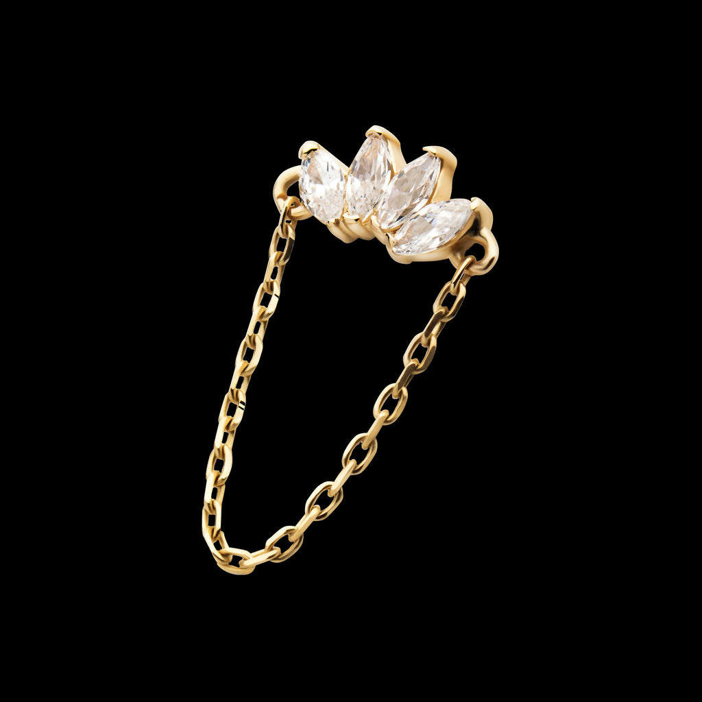14Kt Yellow Gold Threadless Prong Set 4 Clear CZ Marquise Top with Dangling Chain