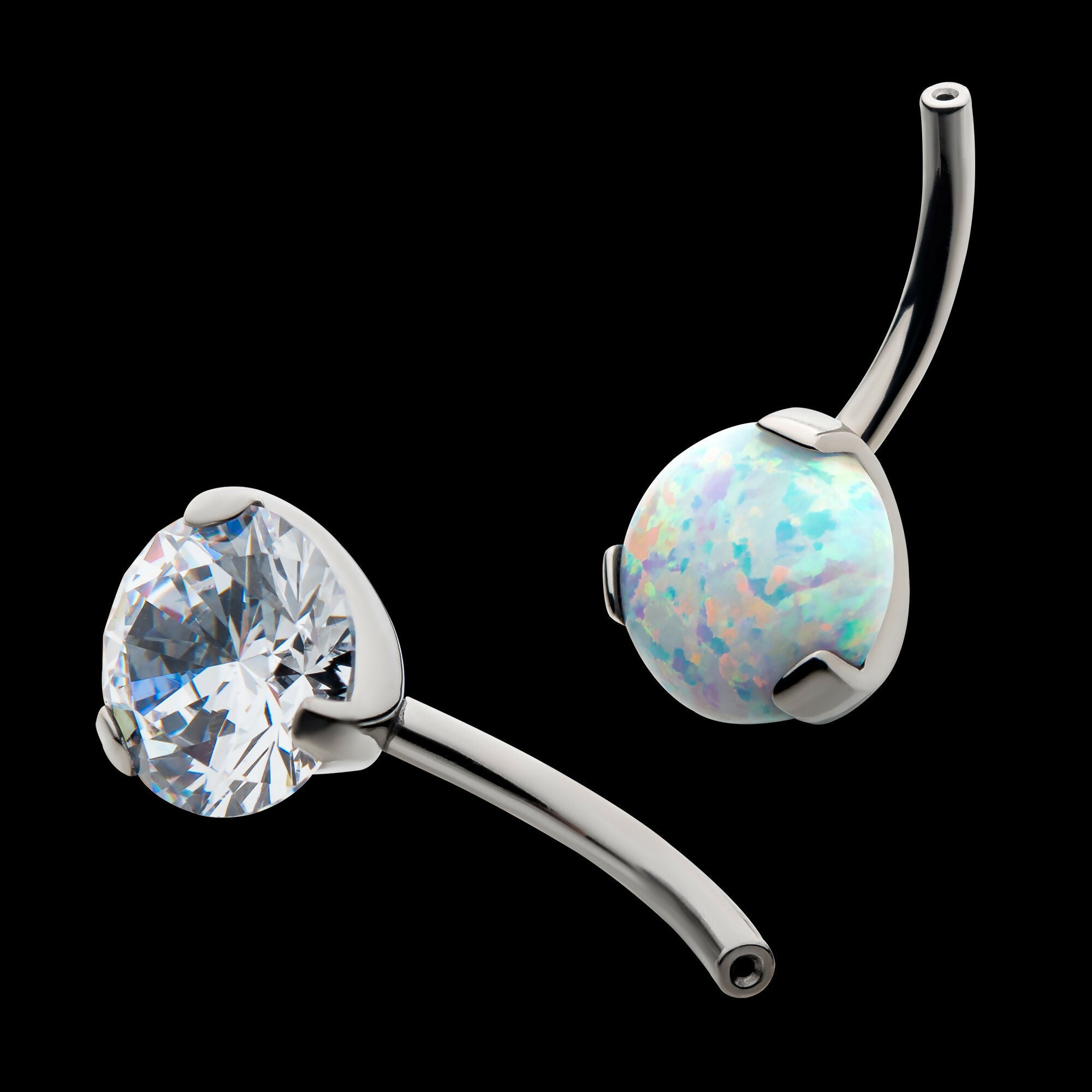 Prong Set Round AAA CZ/Synthetic Opal Fixed Bottom Only Navel Curve Earring / Nosering – Titanium