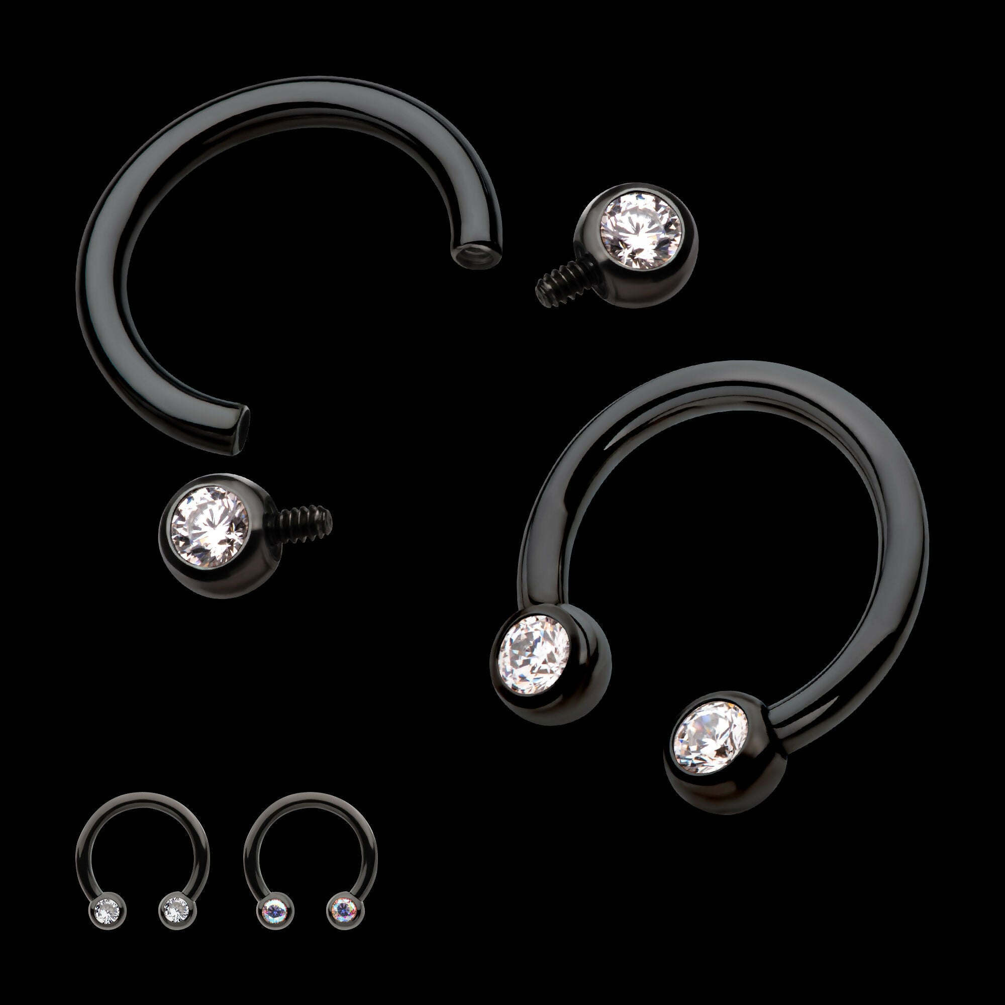 Black PVD Titanium Internally Threaded Forward Facing Bezel Set Round Gem Circular Barbell Earring / Nosering