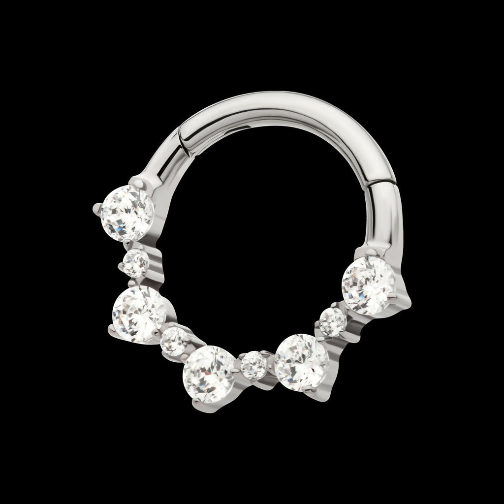 Clustered Prong Set 1mm and 2mm Round CZ Front Facing Hinged Segment Clicker Hoop Earring / Nosering – Titanium