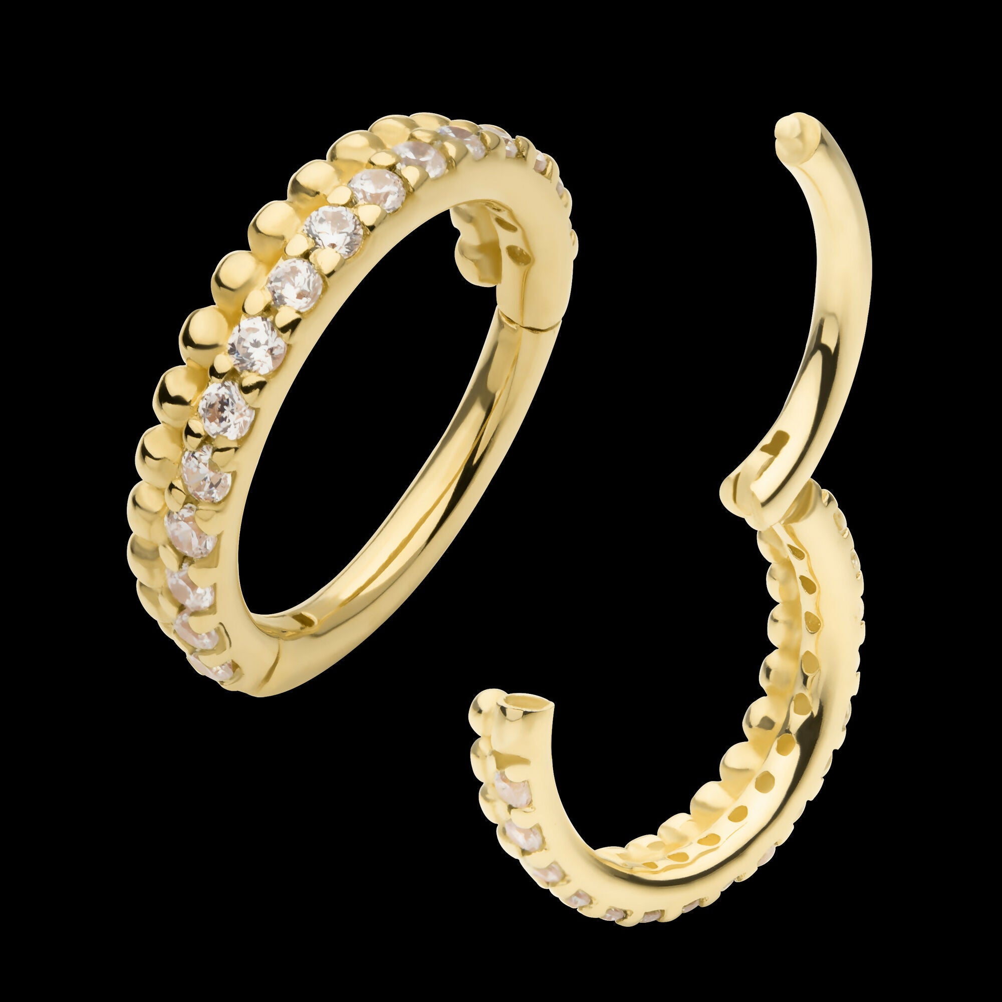 Double Row Beads & Prong Set Round CZ Cluster Hinged Segment Clicker Hoop Earring / Nosering – 14Kt Yellow Gold