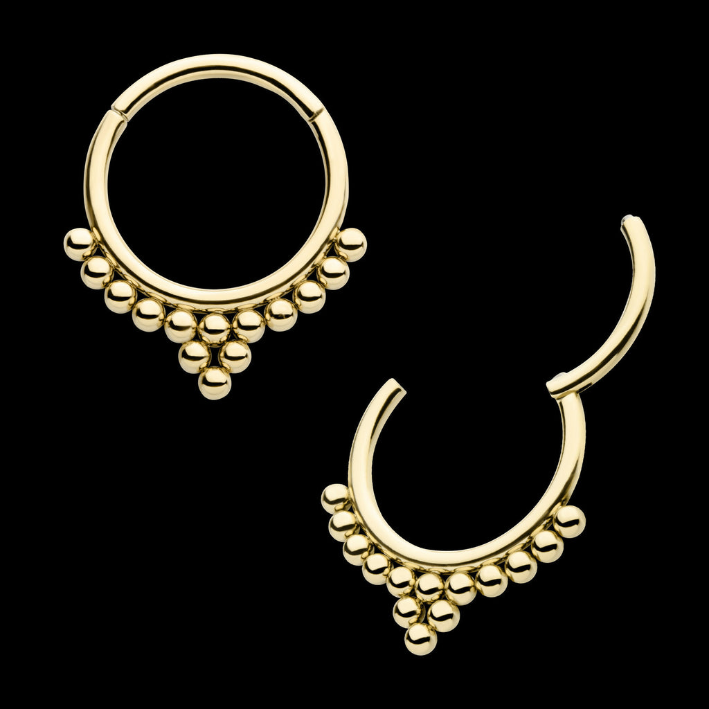 14 Bead Cluster Front Facing Hinged Segment Clicker Hoop Earring / Nosering – 14Kt Yellow Gold