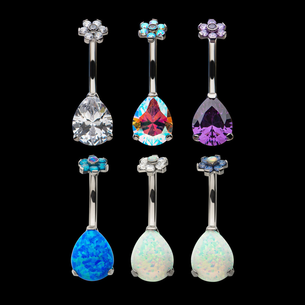 Internally Threaded with Prong Set AAA CZ & Synthetic Opal Flower Top and Teardrop Bottom Fixed Navel Earring / Nosering – Titanium