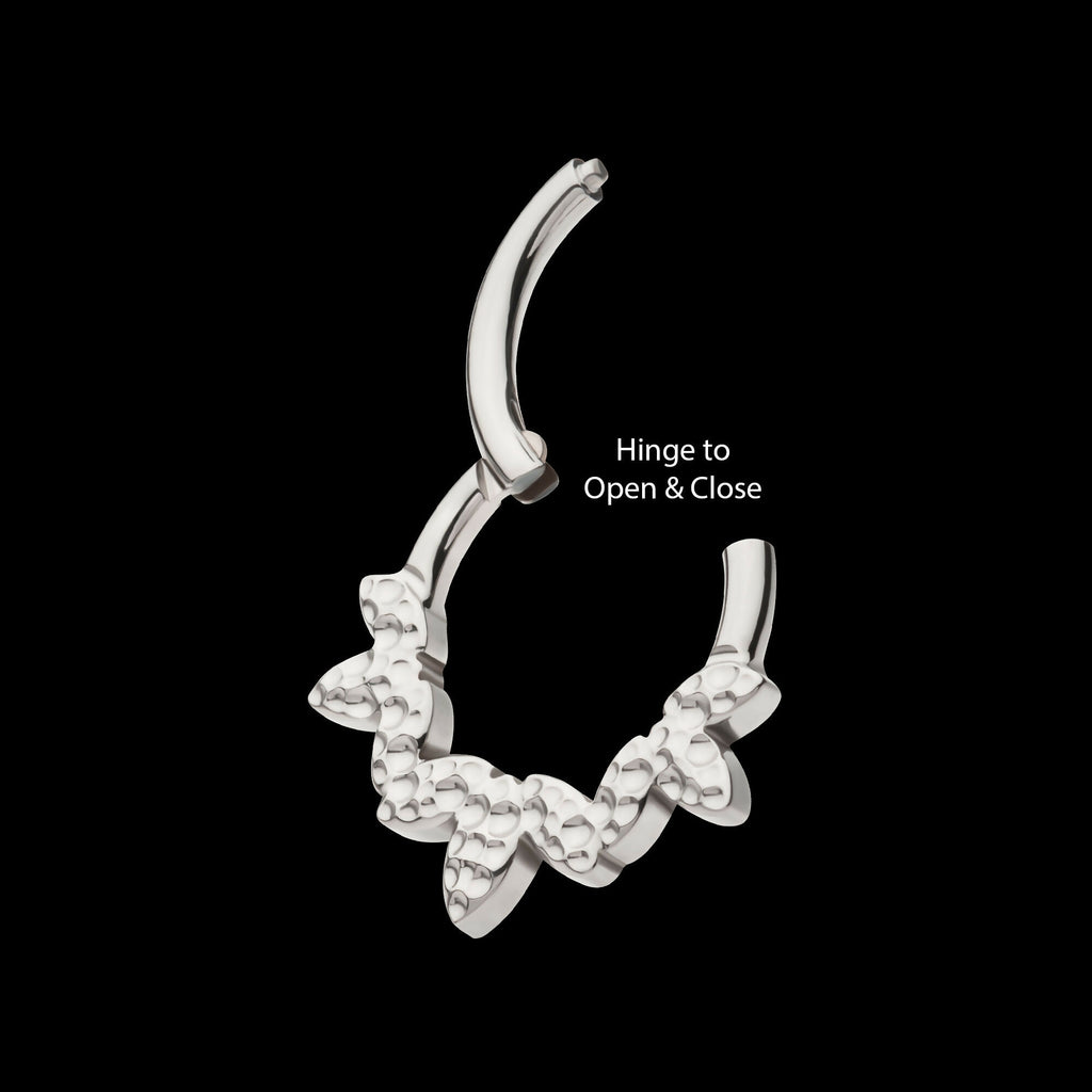 Clustered Hammered 3-Petal Flower Front Facing Hinged Segment Clicker Hoop Earring / Nosering – Titanium