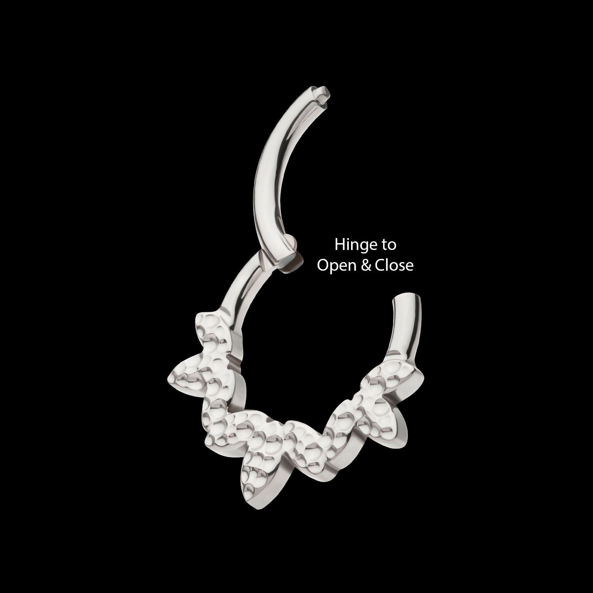 Clustered Hammered 3-Petal Flower Front Facing Hinged Segment Clicker Hoop Earring / Nosering – Titanium