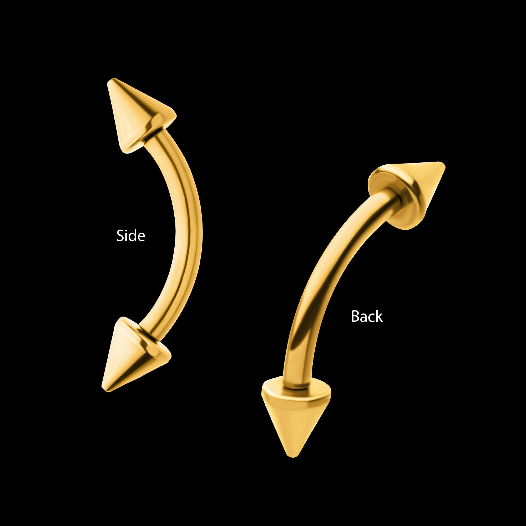 24KT Gold PVD Titanium Internally Threaded Spike End Curved Barbell Earring / Nosering
