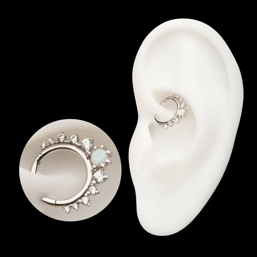 Prong Set Gem Cluster with 3mm White Opal Front Facing Hinged Segment Clicker Hoop Earring / Nosering – 14Kt Gold