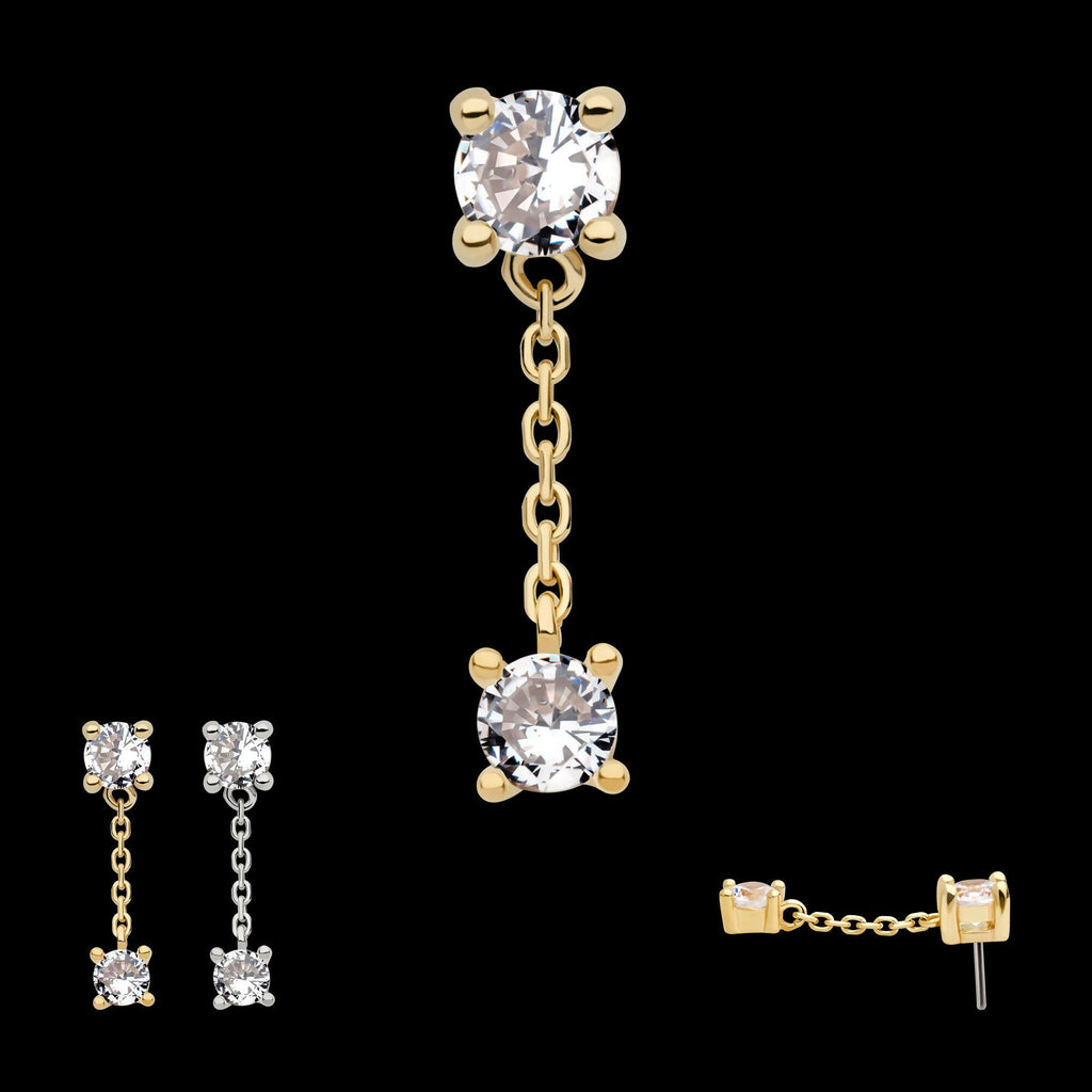14Kt Gold Threadless Double Prong Set Round CZ with Dangle Chain Top