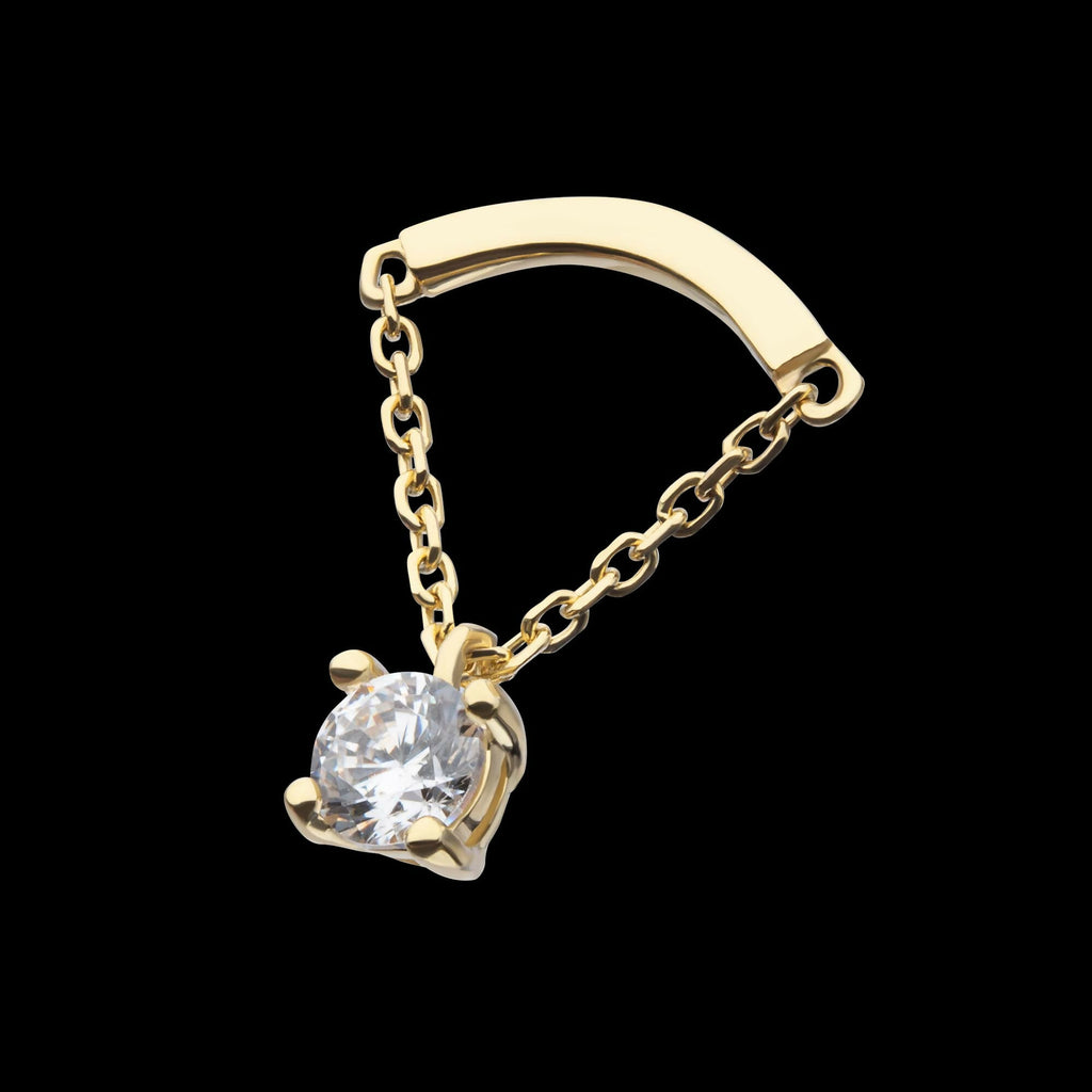 14Kt Yellow Gold Threadless Curved Bar Top with 4-Prong Gem Dangle