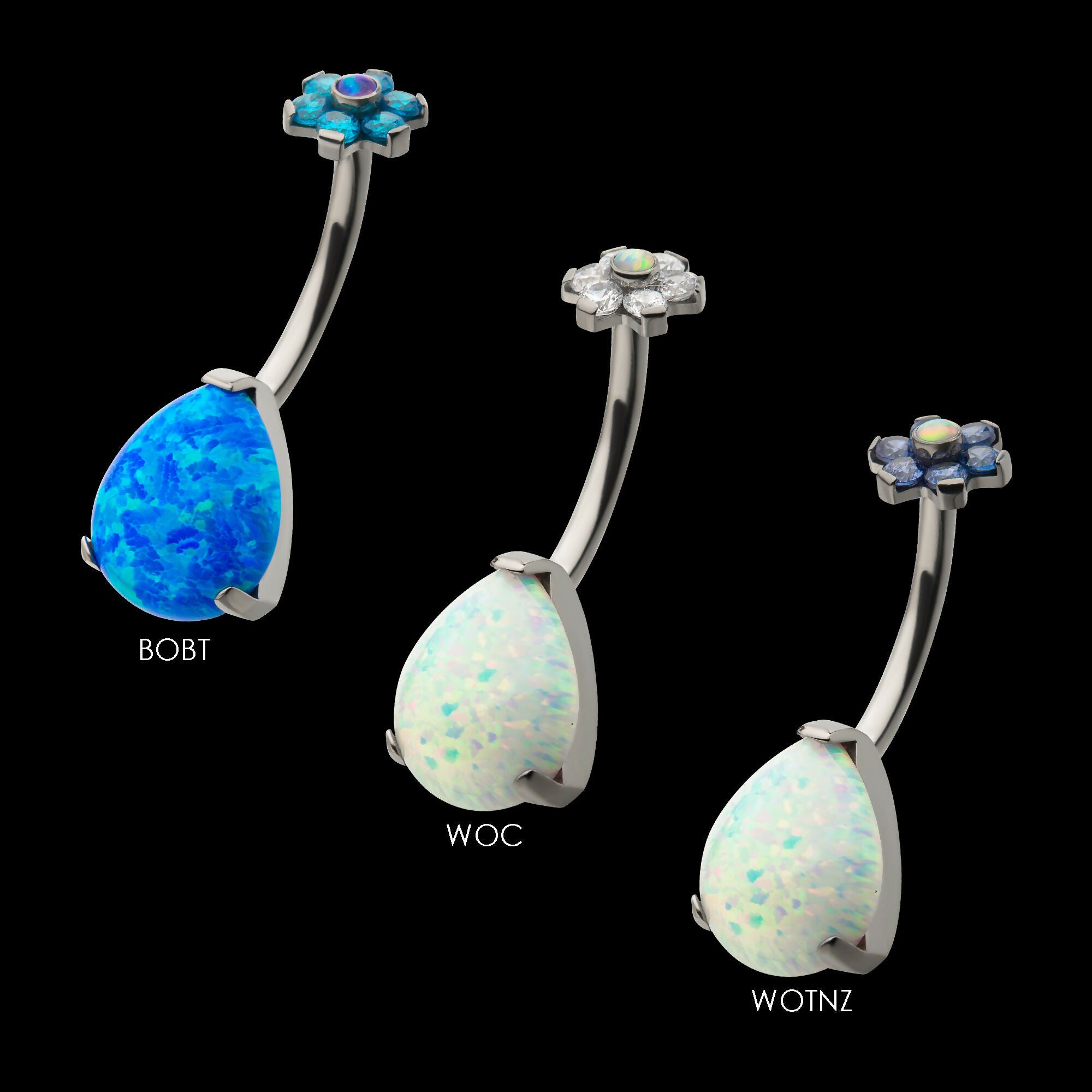Internally Threaded with Prong Set AAA CZ & Synthetic Opal Flower Top and Teardrop Bottom Fixed Navel Earring / Nosering – Titanium