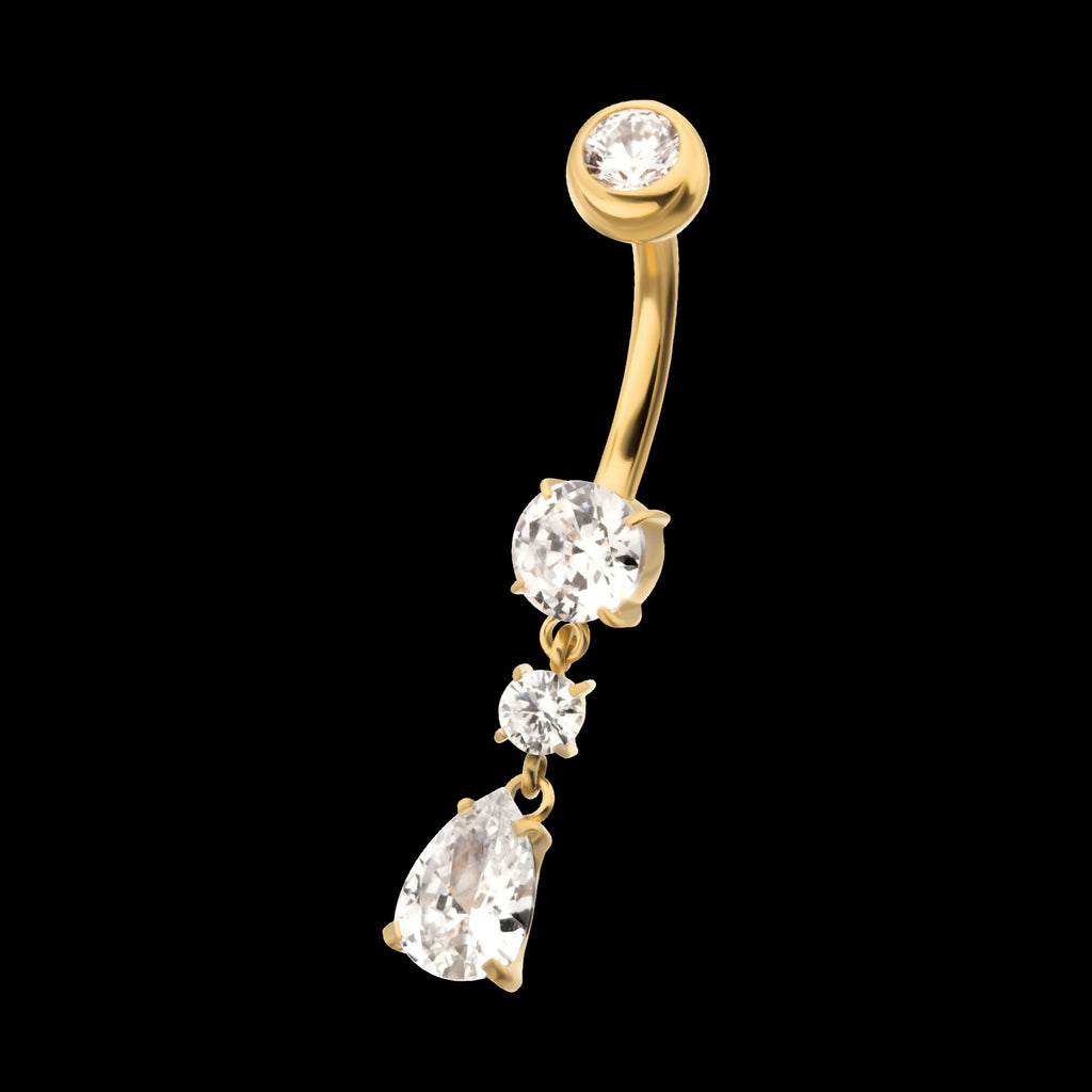 24Kt Gold PVD Titanium Internally Threaded Double Dangle Prong Set Round and Teadrop Gem Navel Earring / Nosering