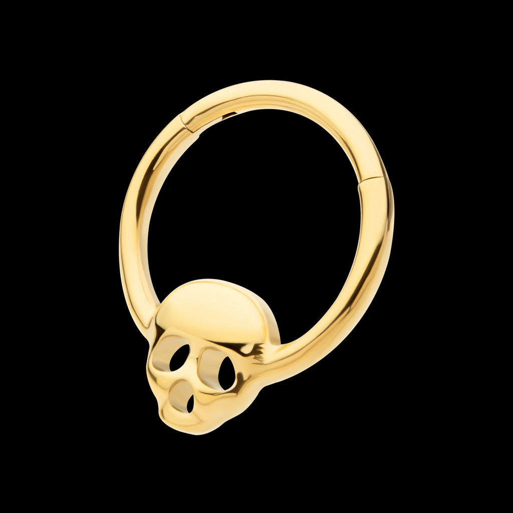 24Kt Gold PVD Titanium with Centered Skull Front Facing Hinged Segment Clicker Hoop Earring / Nosering