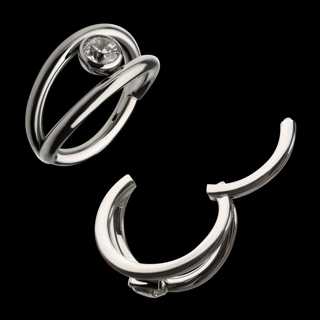 Double Hoop with Bezel Set Round Gem Side Facing Hinged Segment Clicker Earring / Nosering – Titanium