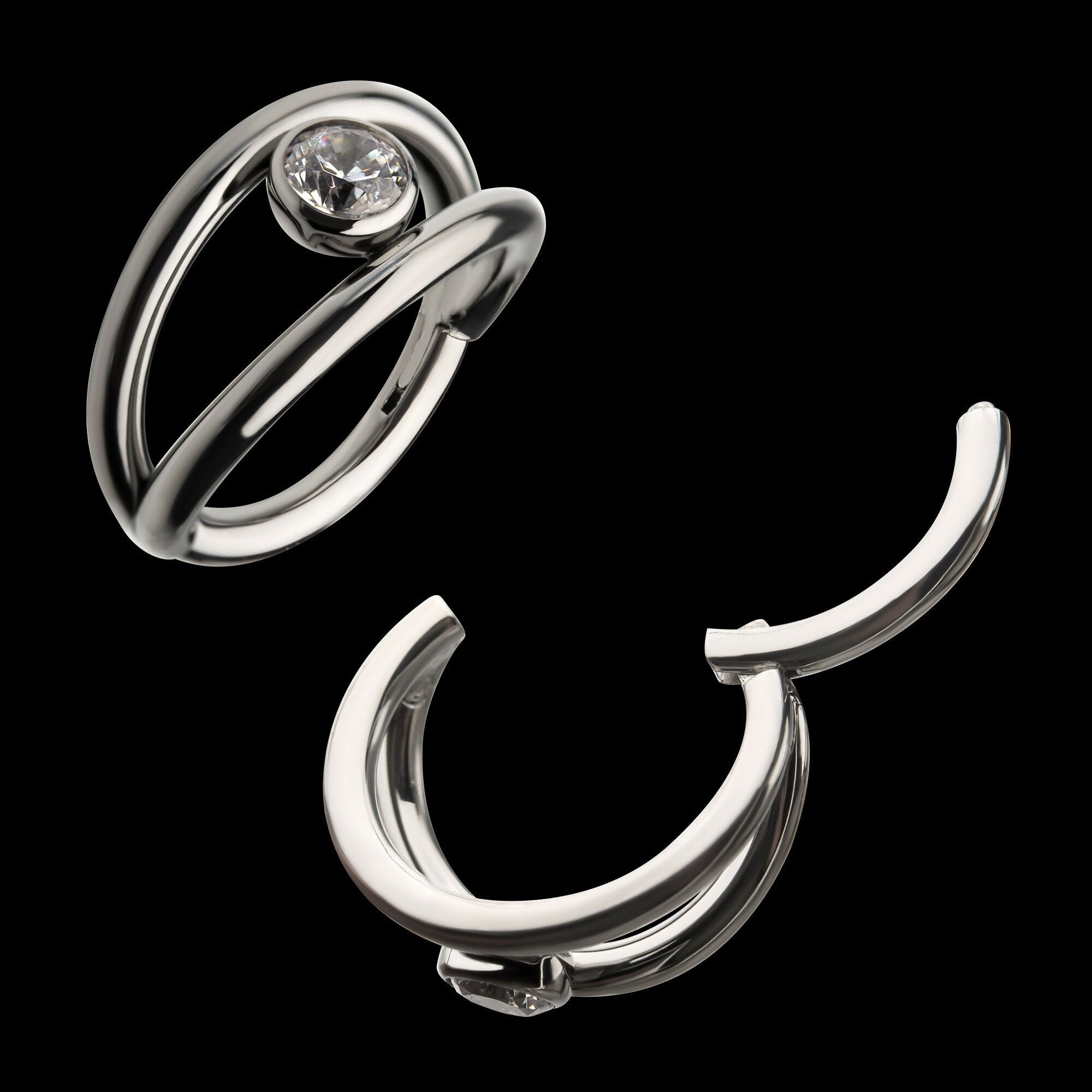 Double Hoop with Bezel Set Round Gem Side Facing Hinged Segment Clicker Earring / Nosering – Titanium