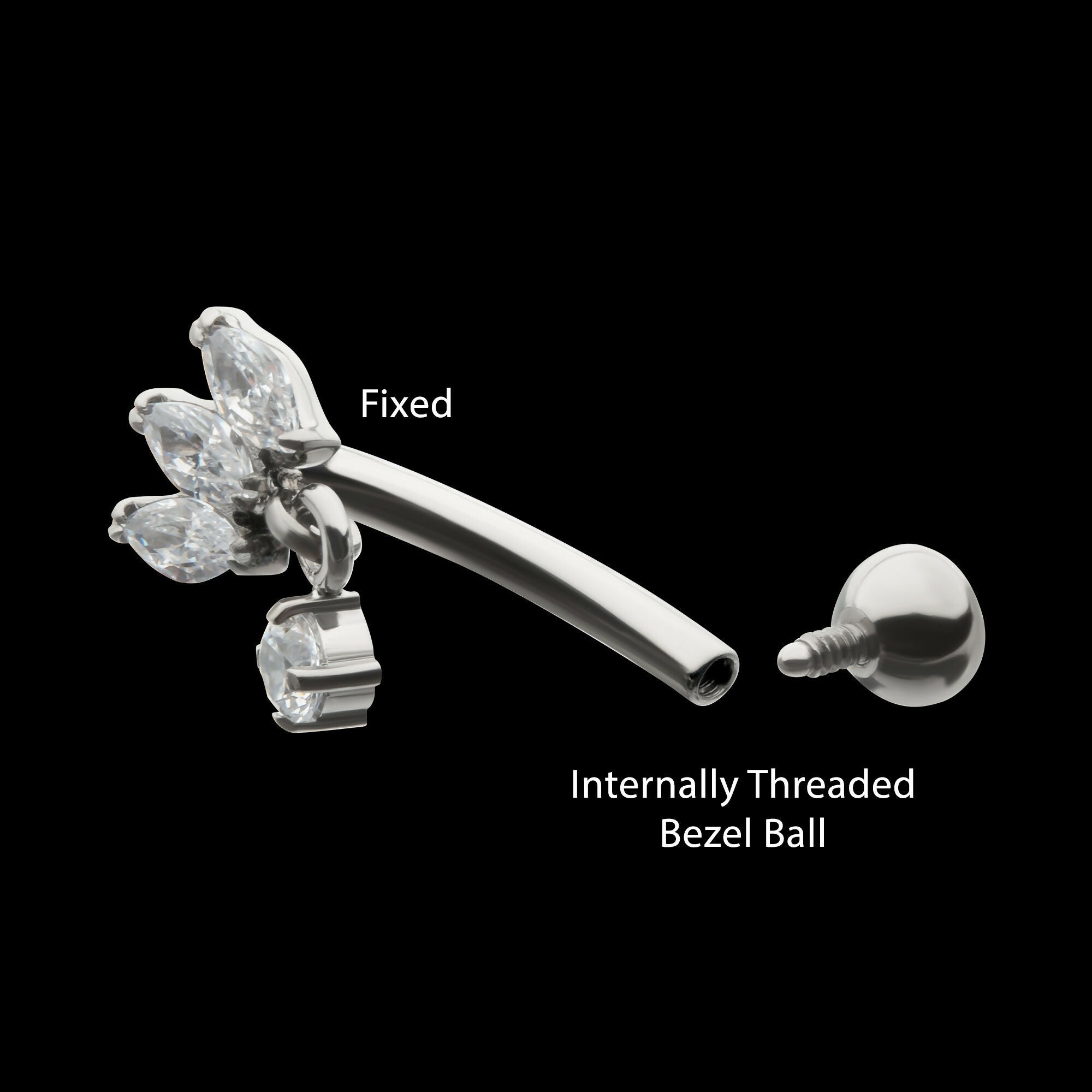 Internally Threaded V-Prong Triple Marquise Gem Fixed Top Curved Barbell with Floating Prong Gem Dangle Earring / Nosering – Titanium