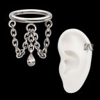 Triple Chain Dangle with Floating Teardrop Gem Hinged Segment Clicker Hoop Earring / Nosering – Titanium