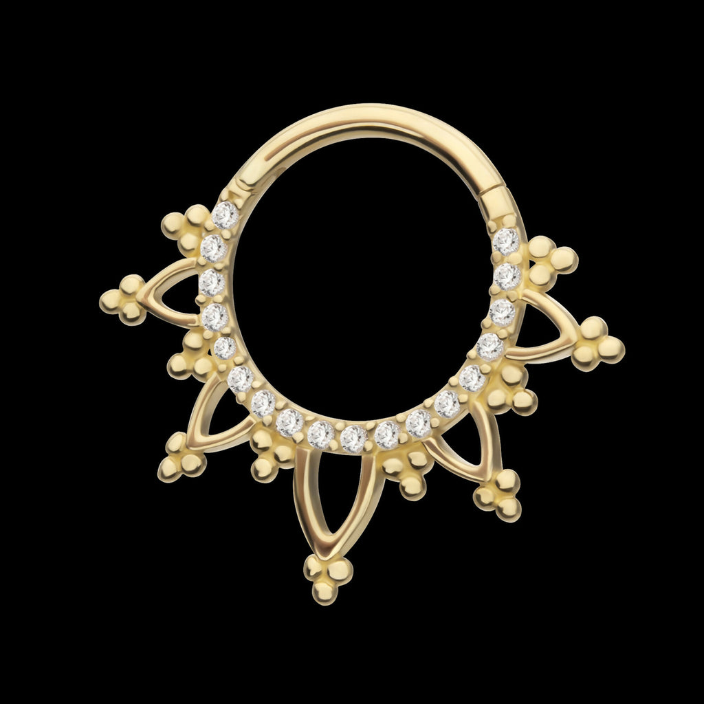 Beaded Edge with 1mm CNC Set Round Gem Front Facing Hinged Segment Clicker Hoop Earring / Nosering – 14Kt Gold