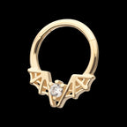 Angled Bat Wings Frame a Prong Set Gem Front Facing Hinged Segment Clicker Hoop Earring / Nosering – 14Kt Yellow Gold