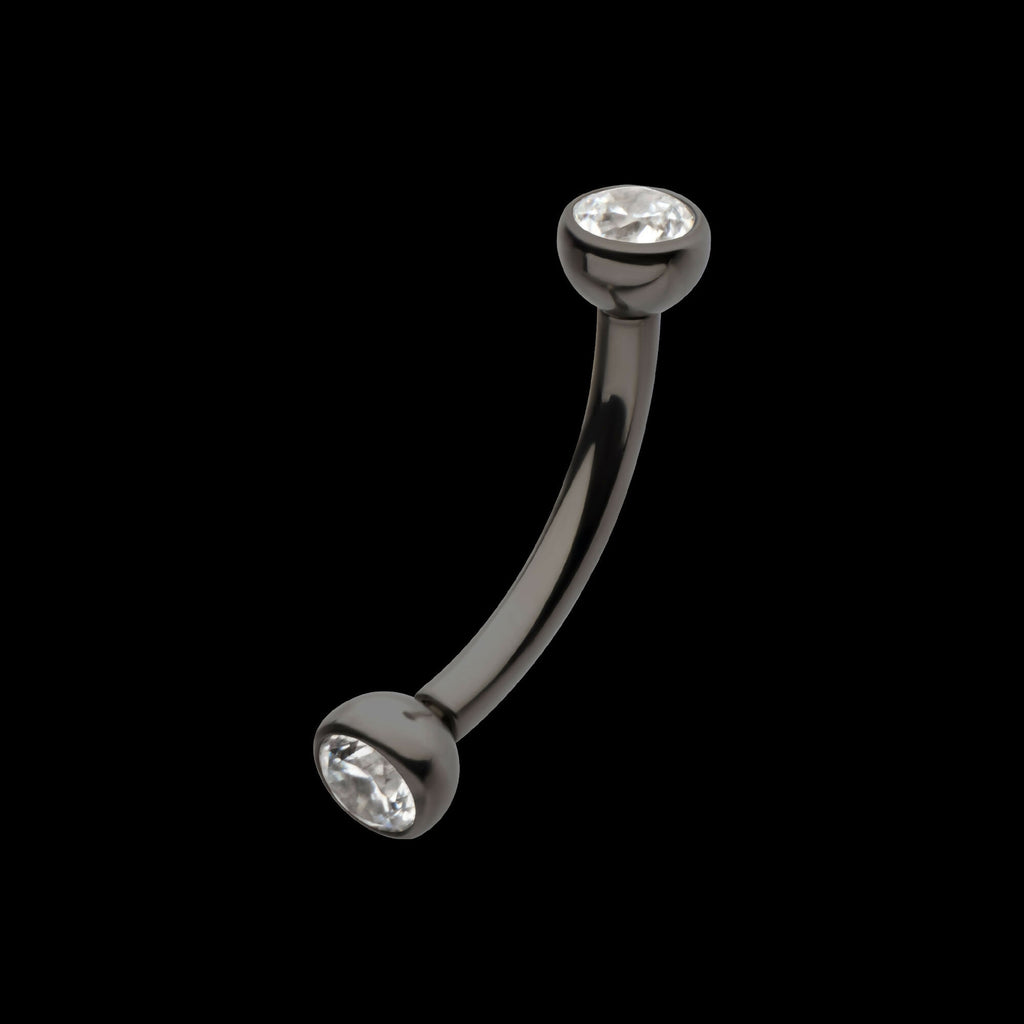 Black PVD Titanium Internally Threaded Double Bezel Gem End Curved Barbell Earring / Nosering