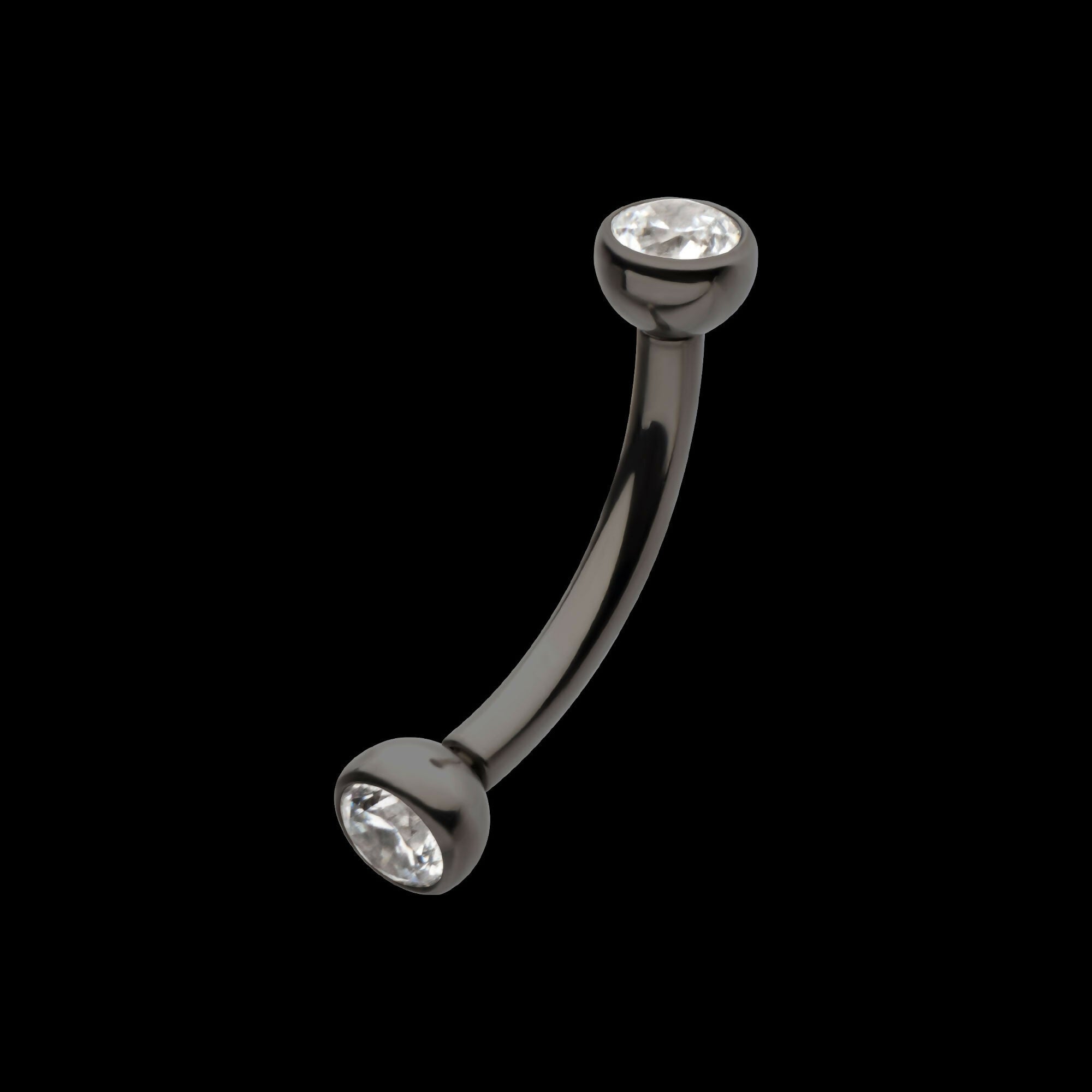 Black PVD Titanium Internally Threaded Double Bezel Gem End Curved Barbell Earring / Nosering