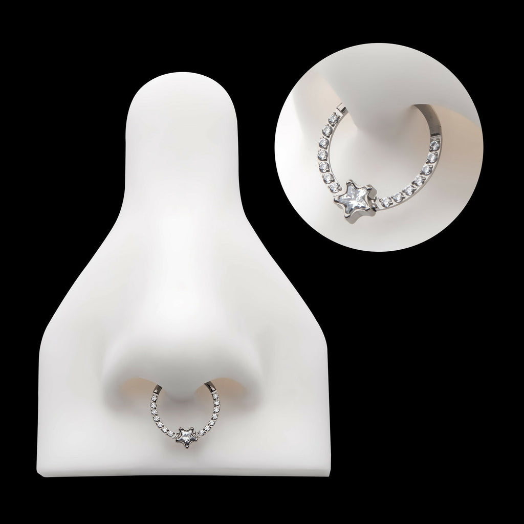 1mm CNC Set Full Clear CZ & Big Star CZ Front Facing Hinged Segment Clicker Hoop Earring / Nosering – Titanium